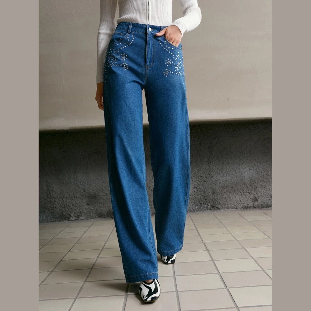 Blue Denim Rhinestone Floral Pattern High Waist Wide Leg Jeans